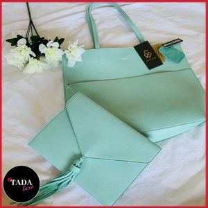 New. Reversible Tote with matching clutch. Aqua